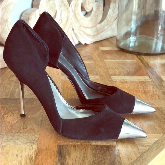 Black suede Bebe heels size 8 Silver toe and heal - Picture 2 of 5